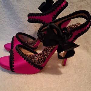 Betsey Johnson Hot Pink Satin Heeled Sandals with Black Trim
